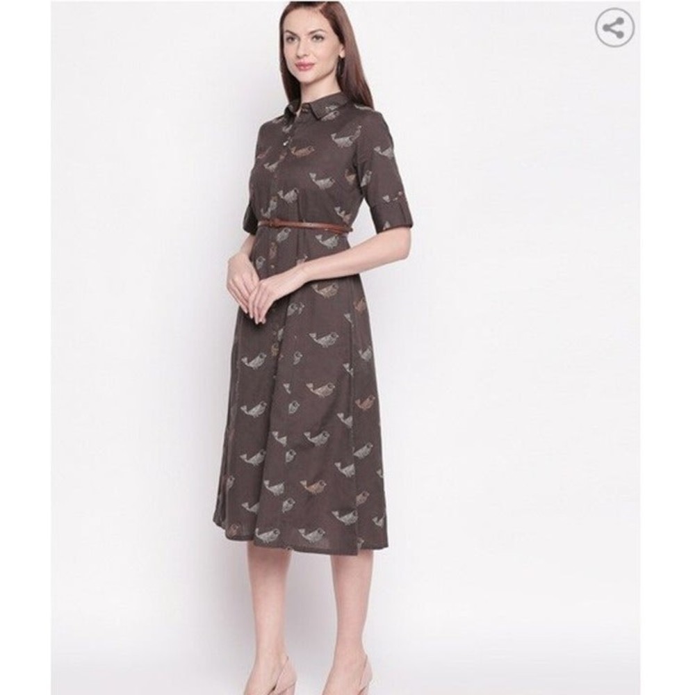 NWT AKKRITI BY PANTALOONS Printed bird A-line Linen Blend Dress Size - XS